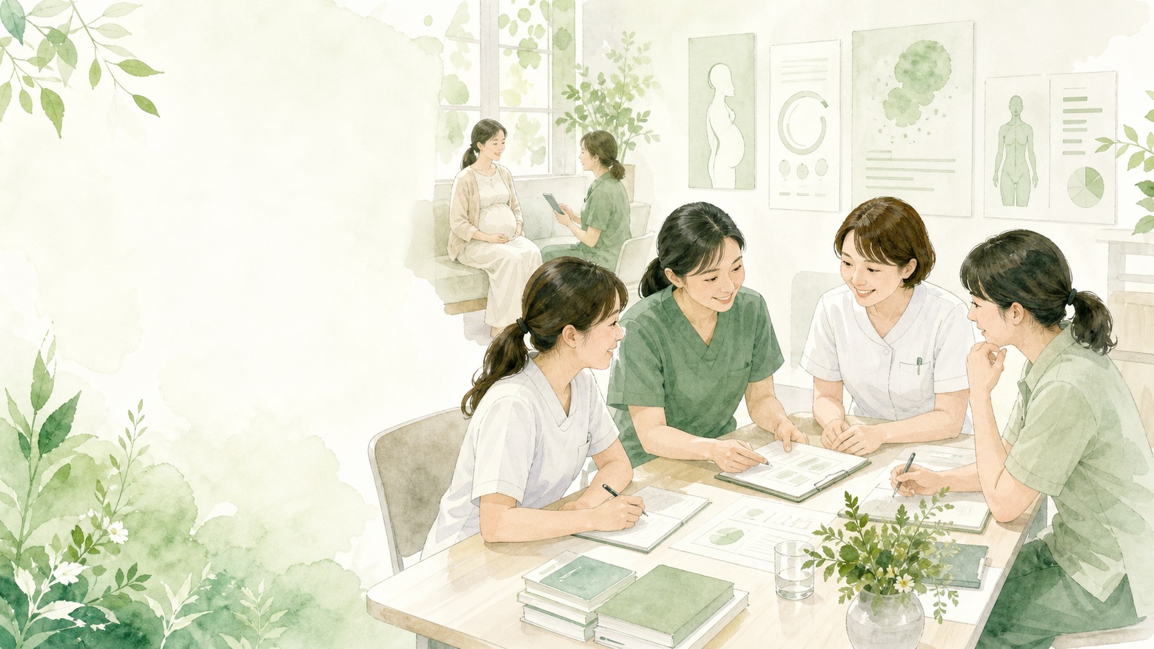現場のデータを共有しながら議論する専門職の水彩イラスト
