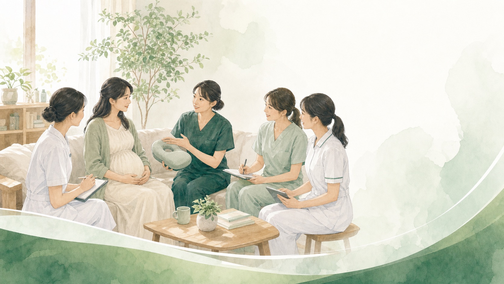 専門職が母親に寄り添って個別相談をしている水彩イラスト