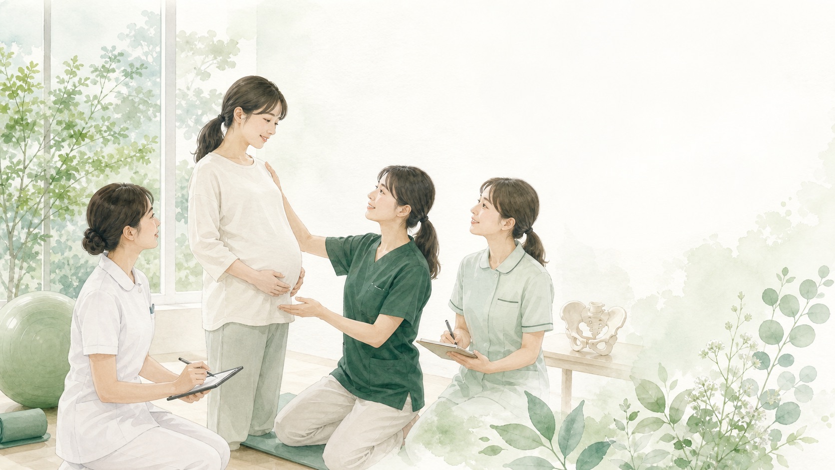 理学療法士と助産師が妊婦さんの姿勢と呼吸を一緒に評価している水彩イラスト