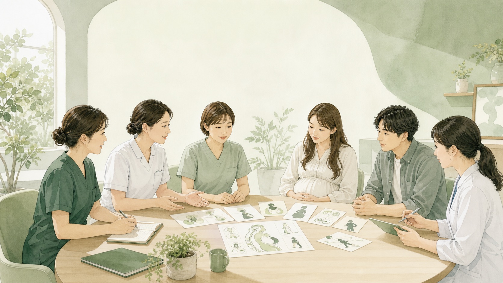 妊婦さんとパートナーが専門職と一緒に家族の計画を話し合っている水彩イラスト