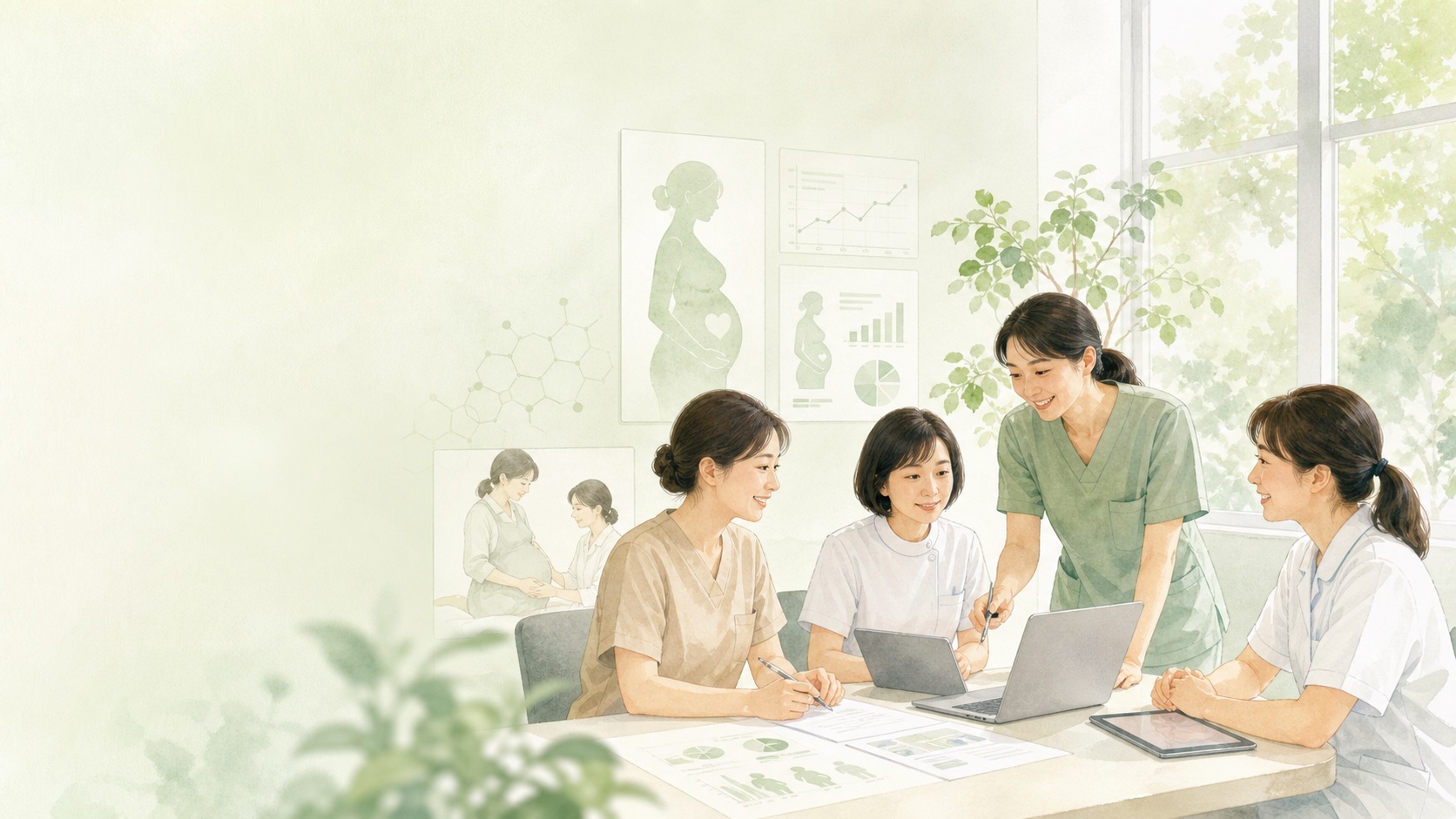 専門職がデータを見ながらミーティングをしている水彩イラスト